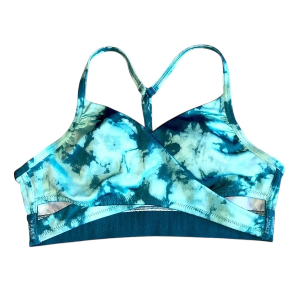 VICTORIA'S SECRET PINK Teal Tie Dye CROSSOVER FRONT SPORTS BRA Y-BACK sz XS